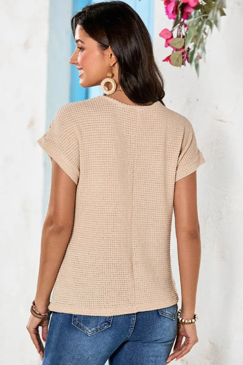 Oatmeal Lace Patchwork Waffle Short Sleeve Top for Women - Love Salve